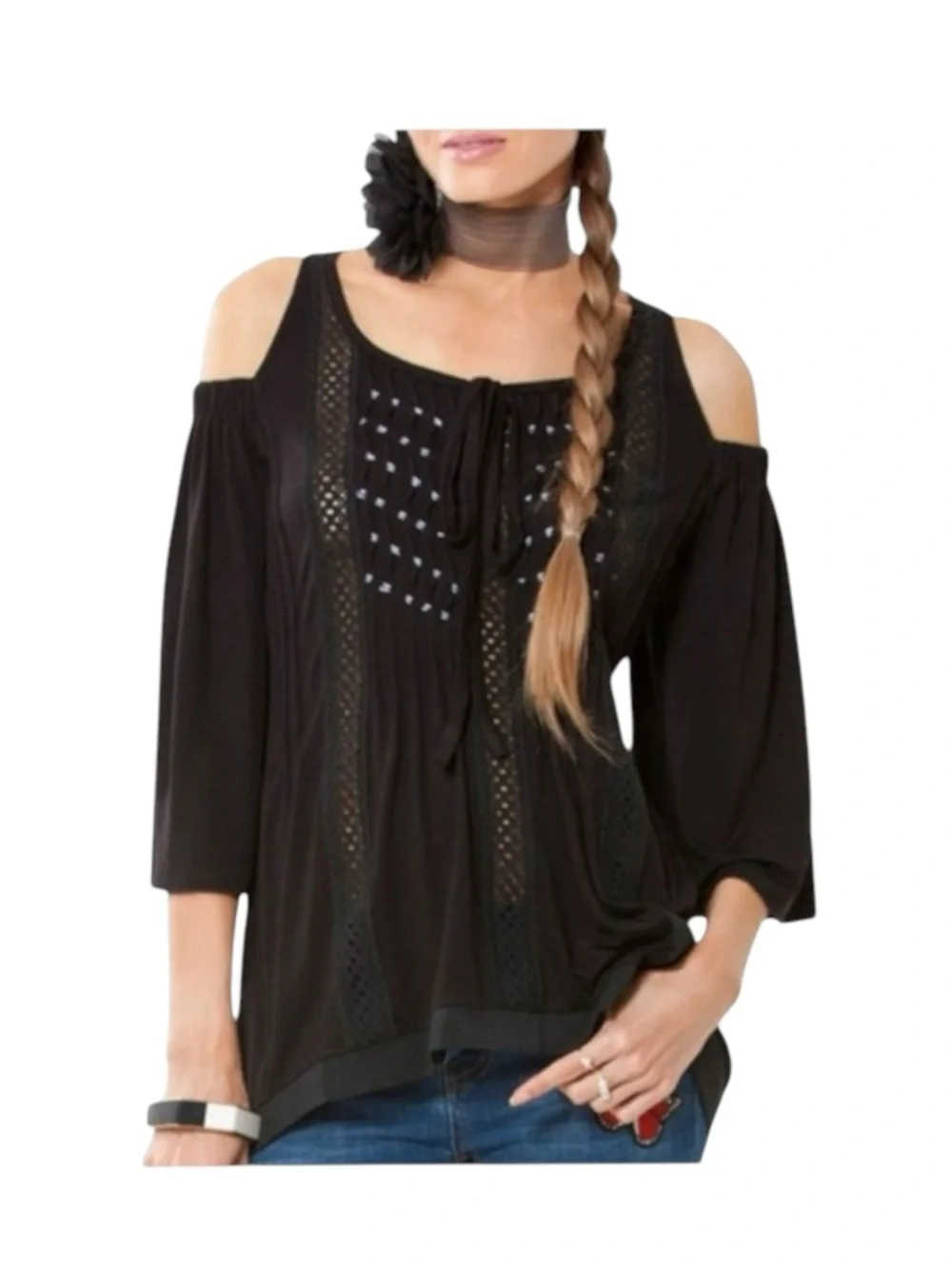 new Hale Bob ༄ Shaina Silk Crochet Cotton Voile Cold Shoulder Top ༄ Black XS - Picture 10 of 16